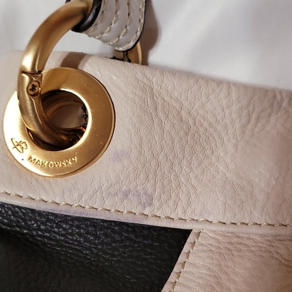 B.Makowsky Black Cream Leather Shoulder Bag Purse - Picture 10 of 15